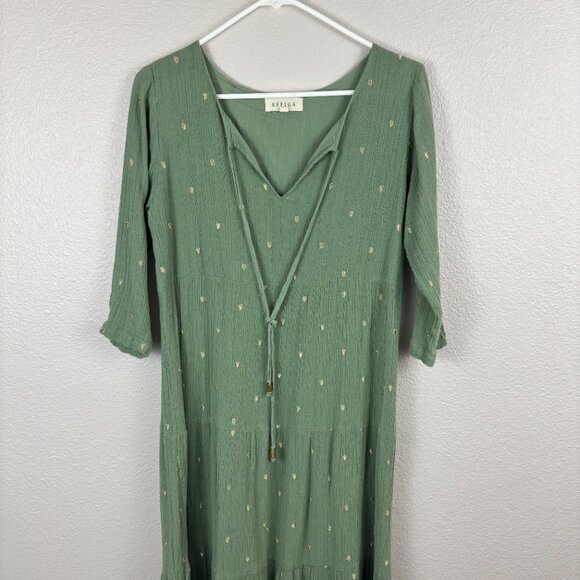 Aspiga Womens Green Metallic Embroidered Boho Peasant V-Neck Midi Dress Size M - Picture 3 of 9